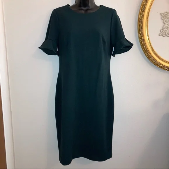 NEW Calvin Klein Fall Green Ruffle Short Sleeve Pencil Sheath Formal Dress 10 - Picture 5 of 17